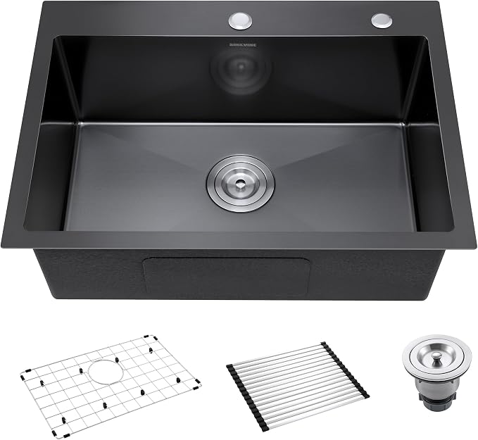 Black Kitchen Sink Drop-In 25 x 18 inch, SINKVINE PVD Nano Stainless Steel by SINKVINE