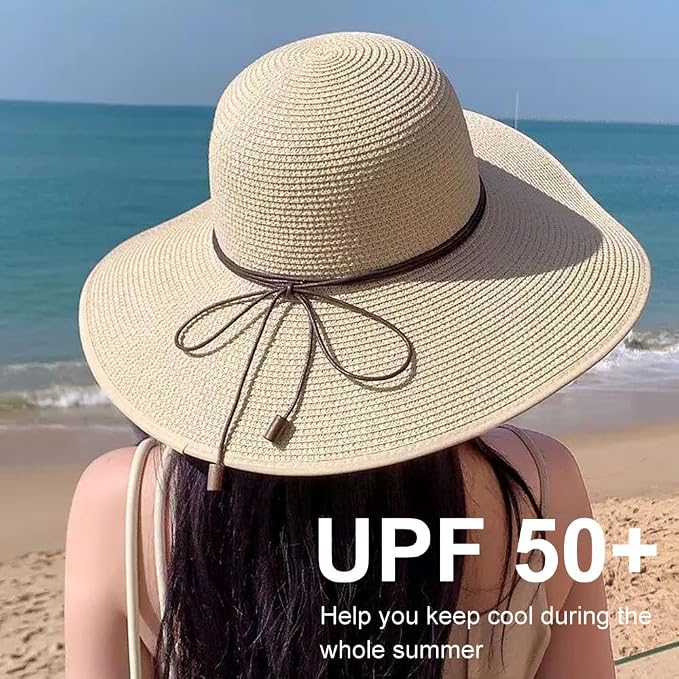 DRESHOW Beach Hats for Women Big Straw Wide Brim Summer Hat Floppy Foldable - Image 3