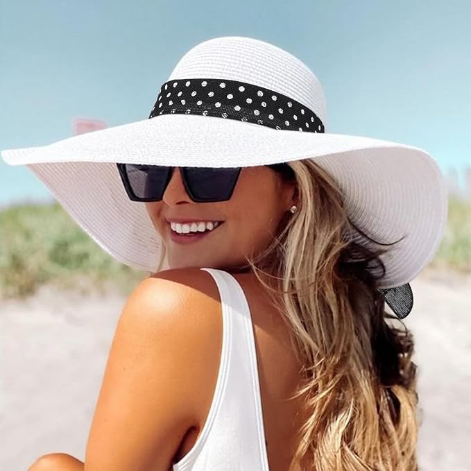 DRESHOW Beach Hats for Women Big Straw Wide Brim Summer Hat Floppy Foldable - Image 2