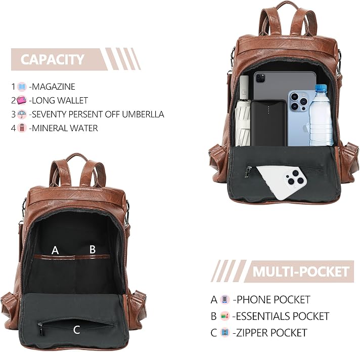 Women Backpack Purse PU Leather Anti-theft Casual Shoulder Bag Fashion Ladies - Image 7