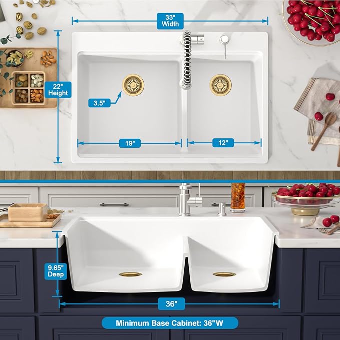 33 Inch Double Bowl White Kitchen Sinks 33x22 Granite Composite Dorp In 60/40 - Image 5