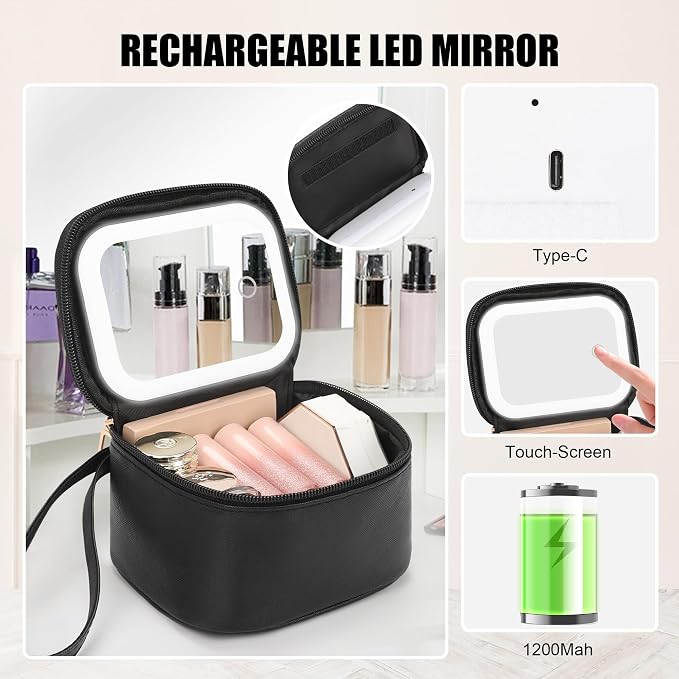 Relavel Mini Makeup Bag with Led Mirror, Small Cosmetic Bag with 3 Light Modes - Image 3