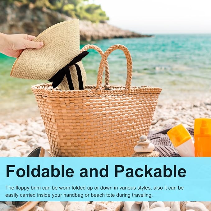 DRESHOW Beach Hats for Women Big Straw Wide Brim Summer Hat Floppy Foldable - Image 3