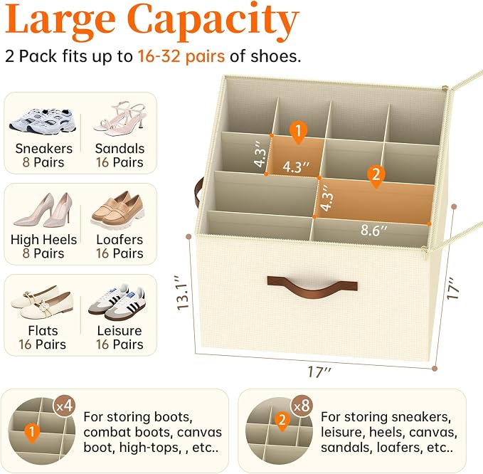 3 Pack Shoe Organizer for Closet, Foldable Shoe Storage Containers, Fits 24-48 - Image 2