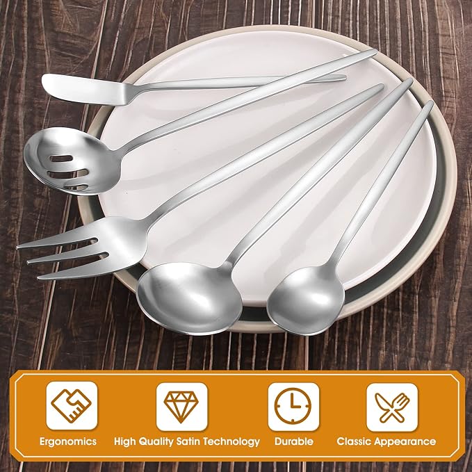 Matte Serving Silverware Set, 5-Piece Round Shared Utensils Set of Stainless - Image 3