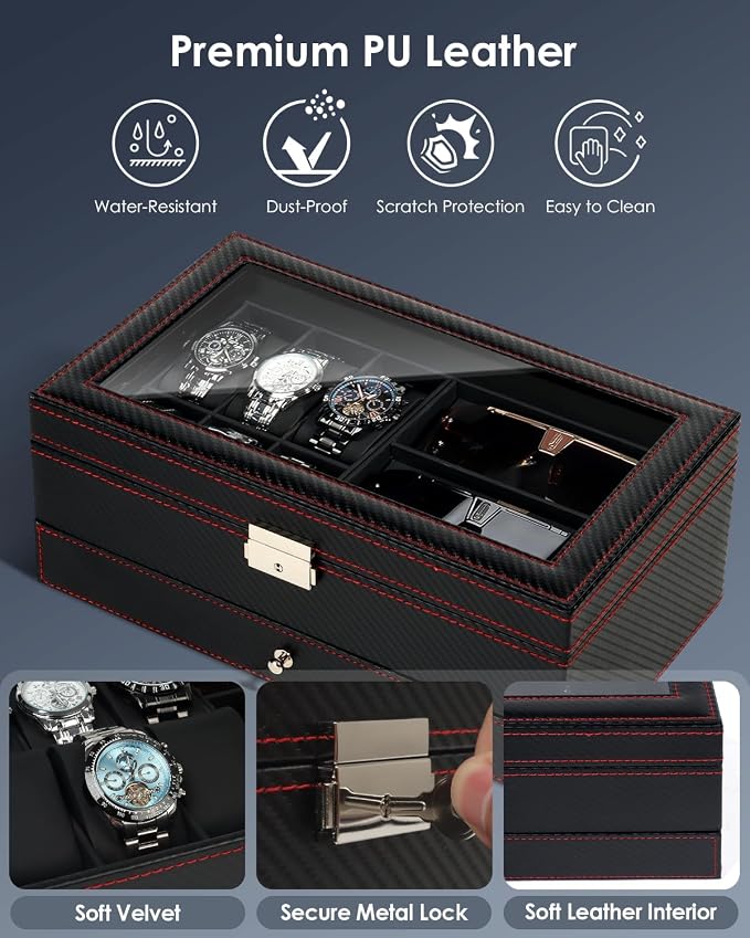 Watch Jewelry Box Organizer, 6-Slot 2-Layer Watch Case and Sunglasses Storage - Image 4