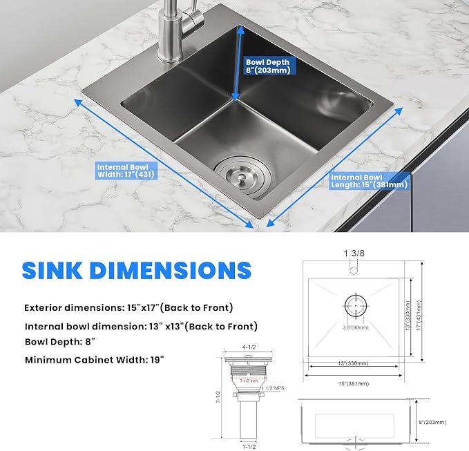 POPFLY Kitchen Sink, 15×17 Inch Drop In Black Small Kitchen Sinks, 18 Gauge - Image 7