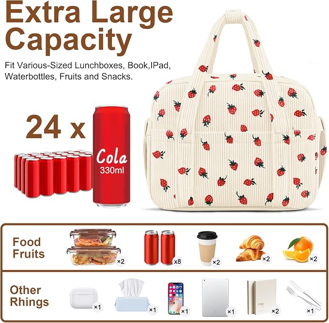Corduroy Lunch Box Lunch Bag for Women Adults Men, Cute Strawberry Insulated - Image 2