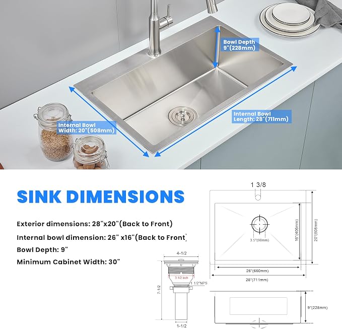 POPFLY 28×20 Inch Drop In SUS 304 Kitchen Sink, Top mount Stainless Steel 9 - Image 7