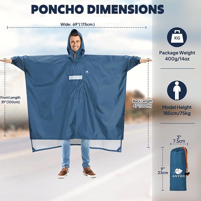 ANYOO Hooded Rain Poncho for Adults Waterproof Lightweight Rain Coat for Men - Image 2
