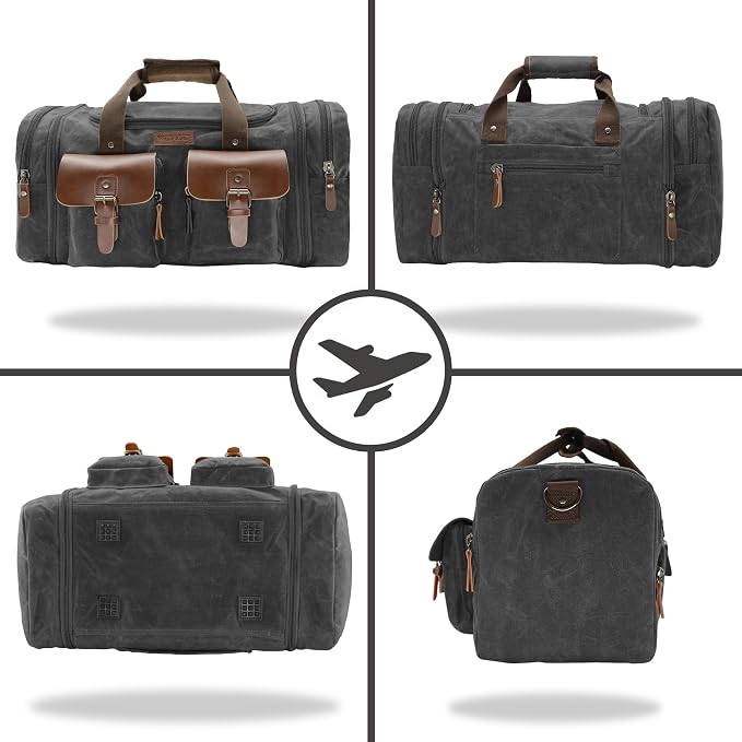 Wildroad 60L Travel Duffel Bag, Expandable Waxed Canvas Genuine Leather Duffle - Image 6