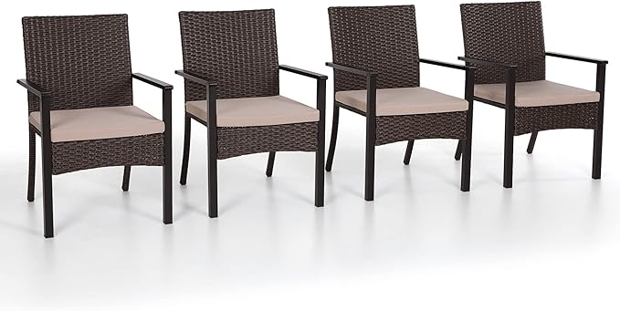 PHI VILLA Outdoor Wicker Chairs Set of 4, Rattan Covered Metal Armchairs by PHIVILLAThepioneerofcomfortablehouseholdsupplies