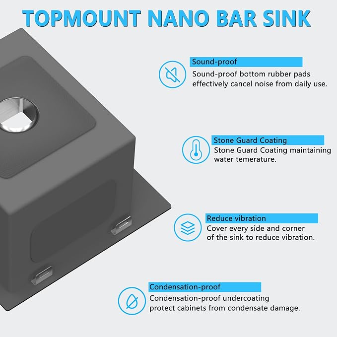 15 x 15 inch Drop in Bar Sink, Small Topmount Kitchen Sink Single Bowl 18 Gauge - Image 5