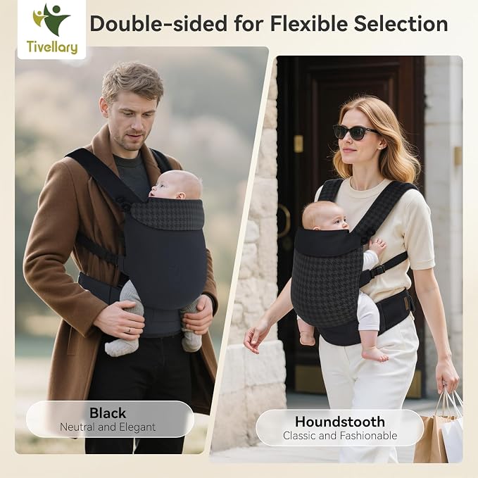 Reversible Baby Carrier – Black Solid & Houndstooth; Lightweight & Breathable - Image 2