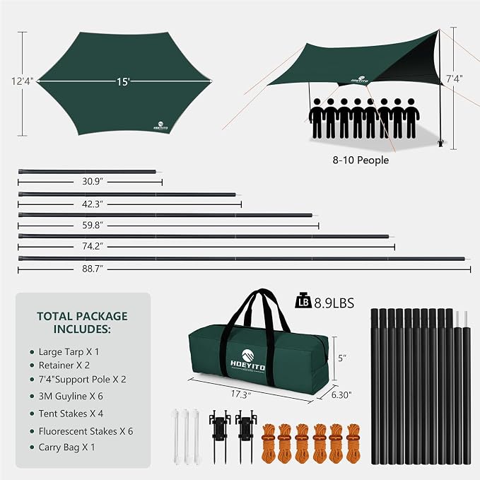 Camping Tarp with Poles & Retainer, 15x12.5FT Large Waterproof 210D Oxford - Image 8