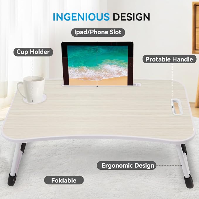 BUYIFY Folding Lap Desk, 23 Inch Portable Wood White Oak Laptop Bed Desk Lap - Image 3