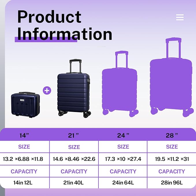 AnyZip 21" Carry On Luggage and 14" Mini Cosmetic Cases Luggage Set Hardside PC - Image 2