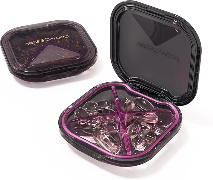 1 Pack Small Purple Pill Organizer, 4 Compartments, Compact Stylish Cute Travel by HyJeryty