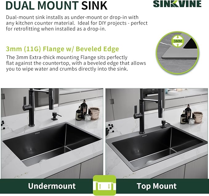 Black Kitchen Sink Drop-In 25 x 18 inch, SINKVINE PVD Nano Stainless Steel - Image 9