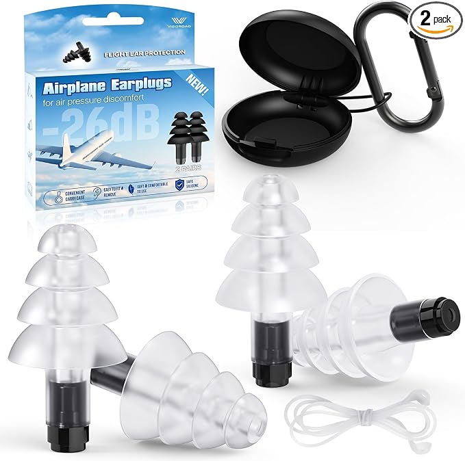Ear Plugs for Airplane Pressure Relief, 2 Pairs Adults Soft Silicone Reusable by VIGOROAD