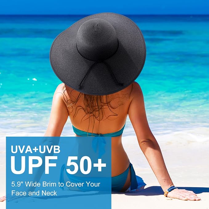 DRESHOW Beach Hats for Women Big Straw Wide Brim Summer Hat Floppy Foldable - Image 3