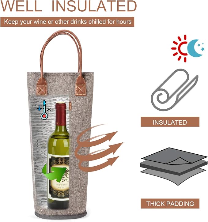 Zormy Single Bottle Insulated Wine Tote, Brushed Khaki Padded Cooler - Image 2