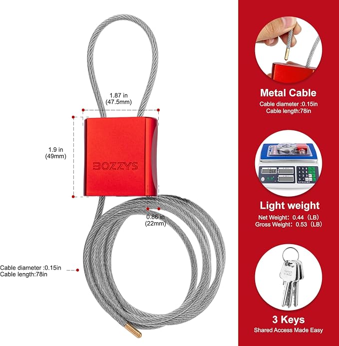 Adjustable Cable Locks with 3 Keys | 6.56ft L x 1/6in D Aluminum Steel Cable - Image 2