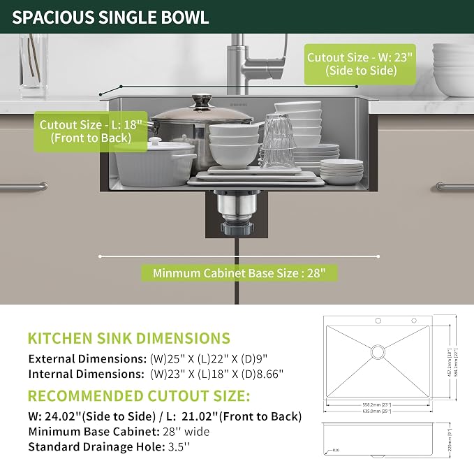 25-Inch Drop-In Kitchen Sink, SINKVINE 25" x 22" Stainless Steel Indoor and - Image 4
