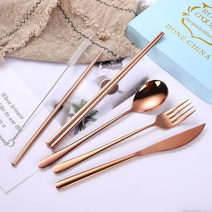 AARAINBOW 6 Pieces 18/8 Stainless Steel Flatware Set Portable Reusable Cutlery - Image 2