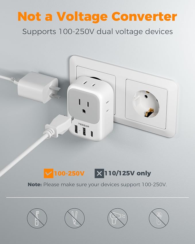 2 Pack European Plug Adapter USB C, TESSAN US to Europe Adapter 4 Outlets 3 USB - Image 5