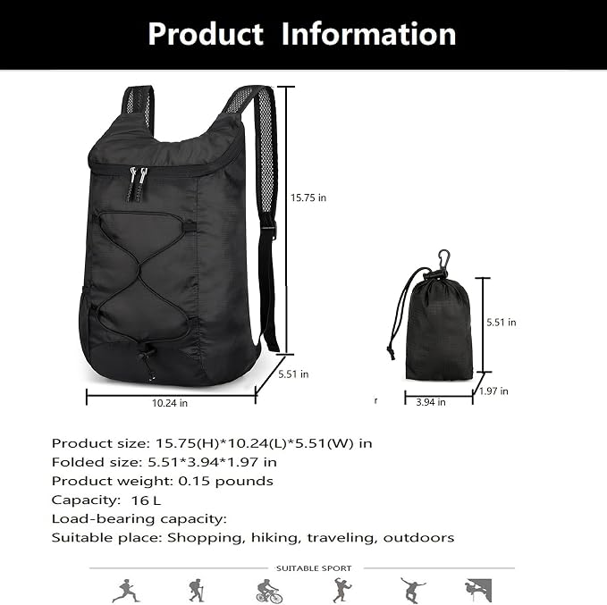 16L Hiking Daypack Lightweight Foldable Travel Backpack Water Repellent Camping - Image 8