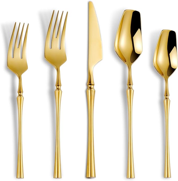 20-Piece Gold Silverware Set for 4, Modern 18/10 Stainless Steel Flatware Set by Lemeya