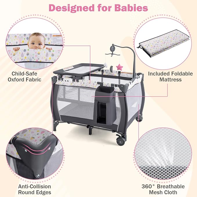 HONEY JOY Pack and Play, 3 in 1 Portable Baby Playard - Image 4