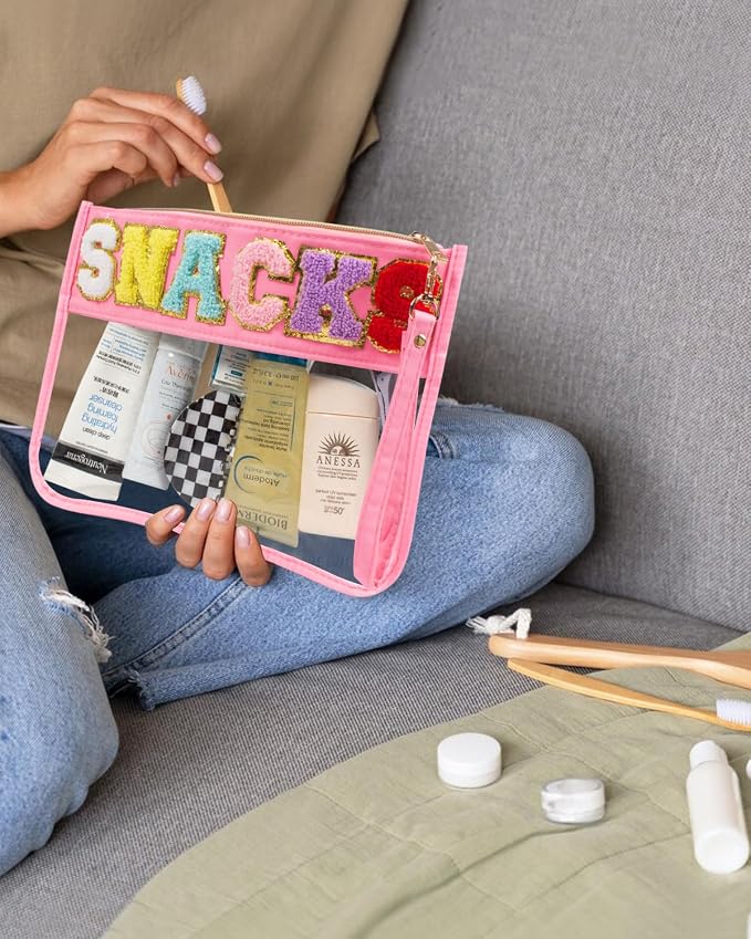 Snack Bag Clear Makeup Bag, Chenille Letter Clear Zipper Pouch Nylon Cosmetic - Image 3