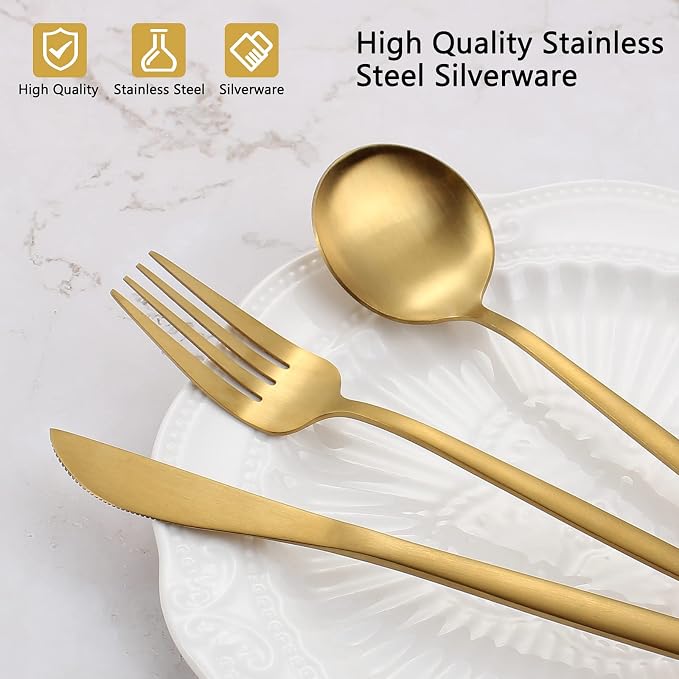 Matte Gold Silverware Set, VANVRO 60-Piece Stainless Steel Flatware Set - Image 4