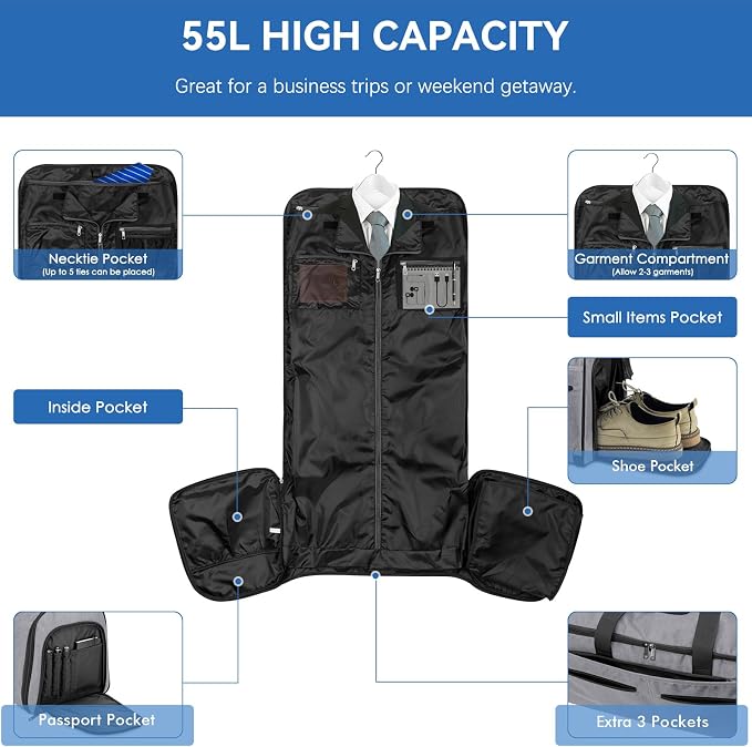 Carry on Garment Bag for Travel, Bukere Convertible Travel Duffel Suit - Image 3