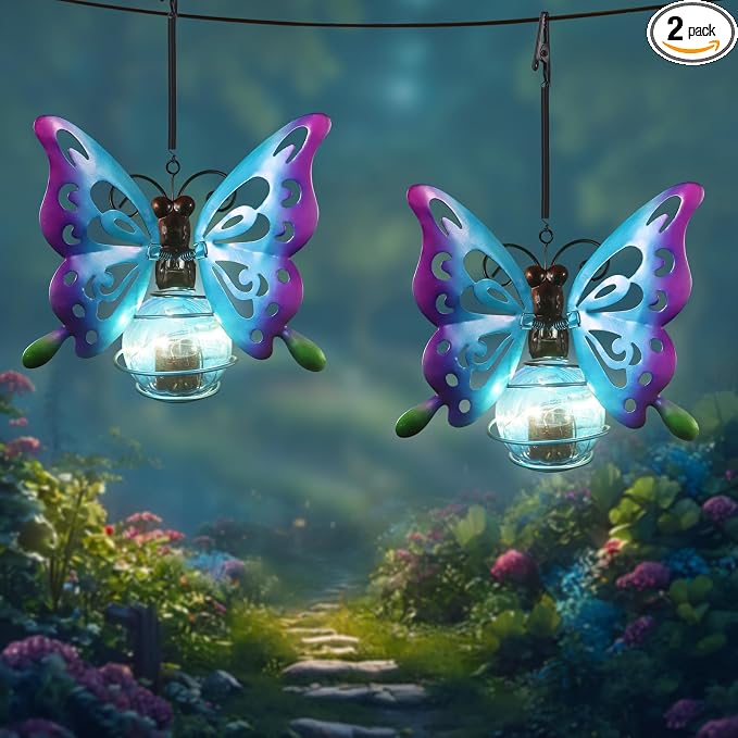 2 Pack Butterfly Solar Outdoor Hanging Lantern Creative Small Sculpture Lights by Unknown