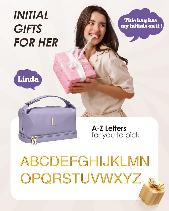 Birthday Gifts, Initial Makeup Bag, Waterproof Double Layer Cosmetic Bag - Image 2
