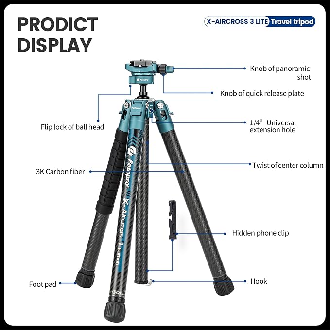 Fotopro Carbon Fiber Tripod 60 Inch 360 Degree Ball Head Quick Release Plate - Image 9