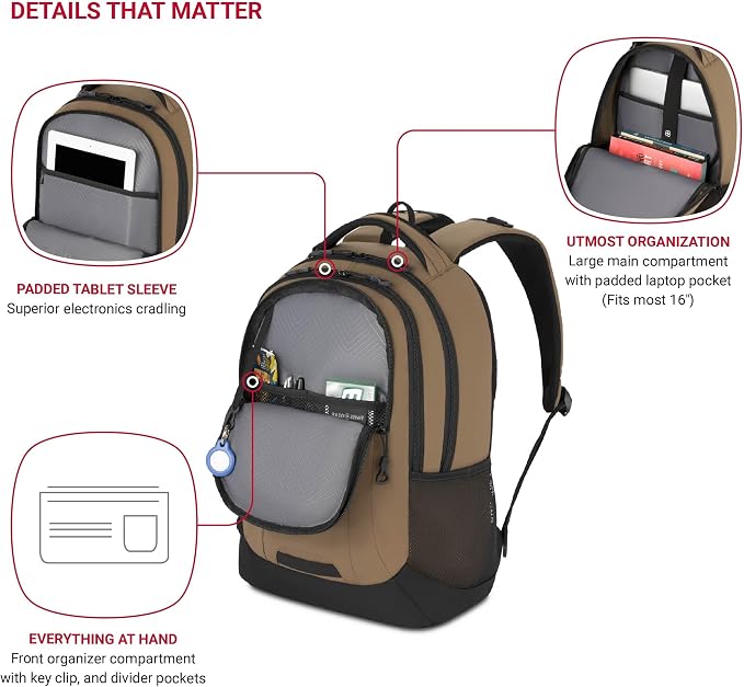 SwissGear Cecil 5505 Laptop Backpack, Pastel Brown/Black - Image 3