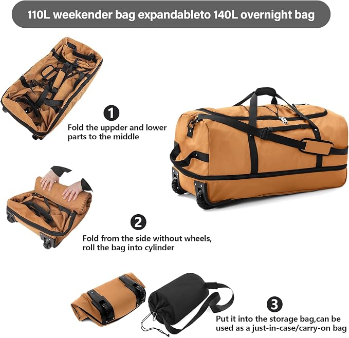Vomgomfom 32" Soft-Sided Foldable Wheeled Travel Duffel Bag, Expandable 110L to - Image 4
