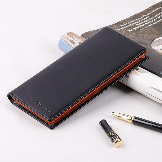 VISOUL Mens Leather Long Bi-fold Checkbook RFID Blocking Wallets, Breast Pocket - Image 5