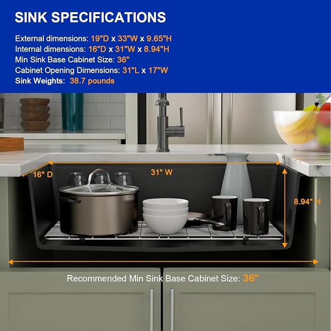 Dcolora 33 inches Granite Composite Kitchen Sink Workstation Black Undermount - Image 6