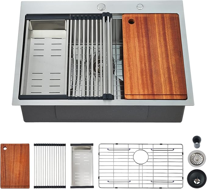 25 x 22 Inch Kitchen Sink, Drop In Stainless Steel Single Bowl Workstation Sink by EcoChannels