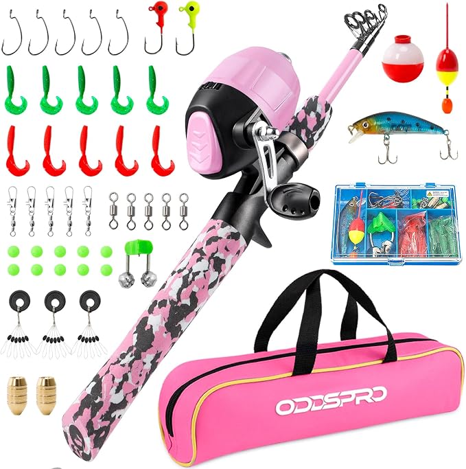 ODDSPRO Kids Fishing Pole Pink, Portable Telescopic Fishing Rod and Reel Combo by ODDSPRO