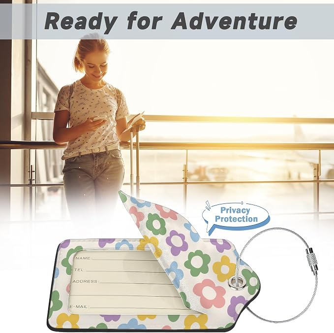 2 Pack Luggage Tag for Suitcase, Vintage Groovy Flower Leather Bag Tags - Image 5