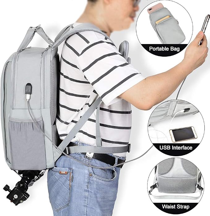 CADeN Camera Backpack w/ 15.6" Laptop Compartment, USB Charge Port, Tripod - Image 5