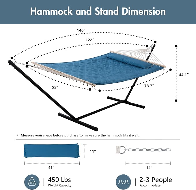 ANOW Double Hammock with 12 Feet Heavy Duty Steel Stand Combo, 2 Person Quilted - Image 6