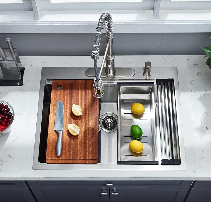 25 x 22 Inch Kitchen Sink, Drop In Stainless Steel Single Bowl Workstation Sink - Image 3