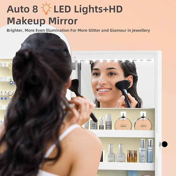 RQZ 8 LEDs Mirror Jewelry Cabinet, Rounded Wide Jewelry Armoire Organizer - Image 6